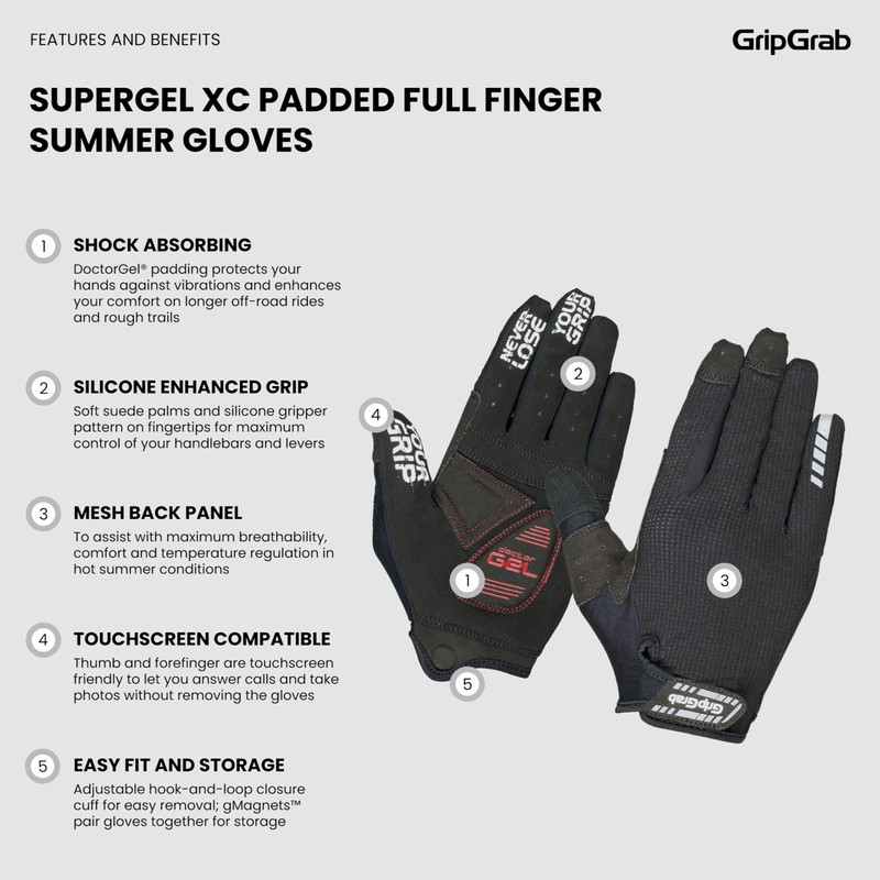 GripGrab Unisex's SuperGel XC Padded Full-Finger Mountain-Bike Touchscreen Gloves Cushioned
