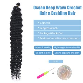 Ocean Wave Crochet Hair 24 Inch Curly Braiding Hair for Goddess Box Braids Crochet Hair Deep Wave Bundles Water Wave Bundles Wet and Wavy Braiding Hair Extensions Dreadlocks(6Pack,1B）
