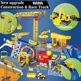 Frontoytall Construction Vehicles Track Set with Excavator, Dump Truck, Cement Truck, Wheel Loader & Rotating Crane, Interactive STEM Building Toy for Kids Ages 3-12