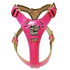 Beautiful Deep Pink Leather Dog Harness Large with Silver Staffordshire Bullterrier Head Motif & Knot