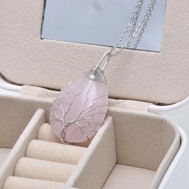 Hand Wired Natural Rose Quartz Crystal Pendant Necklace for Women, Teardrop/Pink