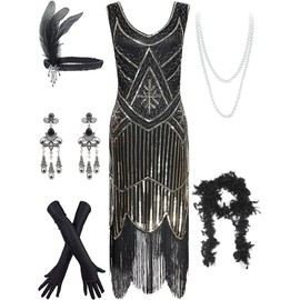 IWIWB Women's Vintage 1920s Sequin Beaded Tassels Hem Flapper Dress w/accessories Set
