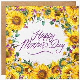 Tradicional Mothers Day Card for Mum from Daughter and Son / Square Happy Mother's Day Card Vintage Sunflower Blank Inside with Kraft Envelope