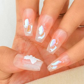 Sethexy Medium Coffin Handmade False Nails Pink Colour Gradient Press On Nails Acrylic Flower Painted False Nails Shiny Elegant for Women and Girls 10 Pieces (4)