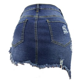 chouyatou Women's Stretch Fit 5-Pocket Irregular Frayed Hem Mini Denim Jean Skirt (Medium, Dark Blue)