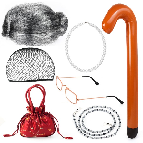 Yewong Old Lady Costume Set - Grandmother Wig,Costume Glasses,Wig Caps,