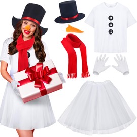 6 Pcs Christmas Adult Snowman Costume Kit Tutu Skirt Fake Carrot Nose Shirt Scarf Hat Gloves for Women Party Cosplay (Small)