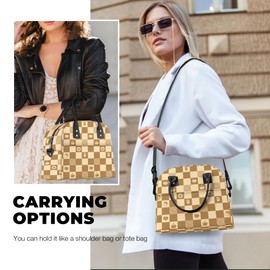 Clastyle Checkerboard Large Insulated Lunch Bag for Adult, Brown Elegant Coffee Lightweight Lunch Cooler Bag with Strap for Picnic Work Office