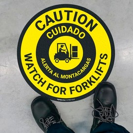 Caution Watch for Forklifts Bilingual 18x18 inches, Floor Decal Anti-Slip Adhesive Floor Sign Made in USA