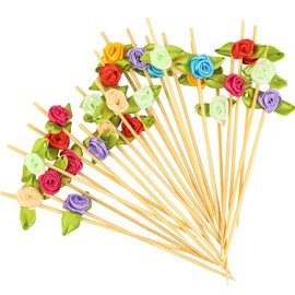 120pcs Colorful Rose Flower Cocktail Picks 4.7 Inch, Fancy Toothpicks for Appetizers Handmade Bamboo Appetizer Fruit Skewers Food Picks for Wedding Valentines Holiday Party Food Fruit Decoration