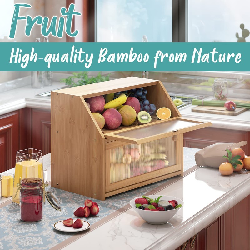 Vriccc Bread Box for Kitchen Counter, Large Bamboo Wood Double