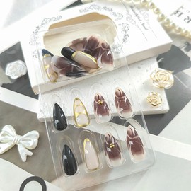 Almond Press on Nails Medium Fake Nails with Brown Flower Designs Black Nails Press ons Glossy Glue on Nails Full Cover False Nails Gold French Tip Acrylic Nails Cute Stick on Nails for Women 24Pcs