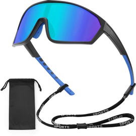 Gafas de Sol Deportivas Polarizadas para Hombres, Mujeres, Jóvenes, Conducción, Ciclismo, Pesca, Correr, Gafas de Sol con Cordón y Bolsa de Gafas, Gafas de Protección 100% UV, Negro-Azul
