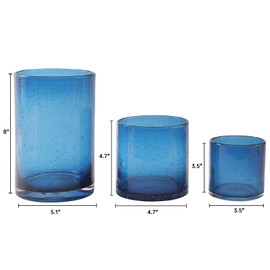 Hurricane Candle Holder Set of 3 Blue Candle Holders for Pillar Candles, Seeded Bubbles Glass Candle Holder, Blue Glass Cylinder Vases for Table Centerpieces, Home, Patio and Wedding 8" 4.7" 3.5"