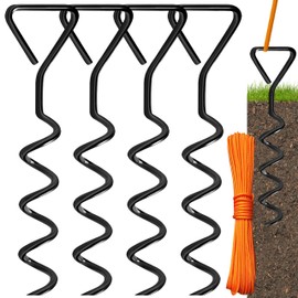 Trampoline Anchors Stakes Tent Garden Stake Heavy Duty Trampoline Parts Tent Canopies,Carports,Swing Sets Small Stake Corkscrew Shape Steel Stakes Anchor Kit,Bonus 4 Strong Belt,Black
