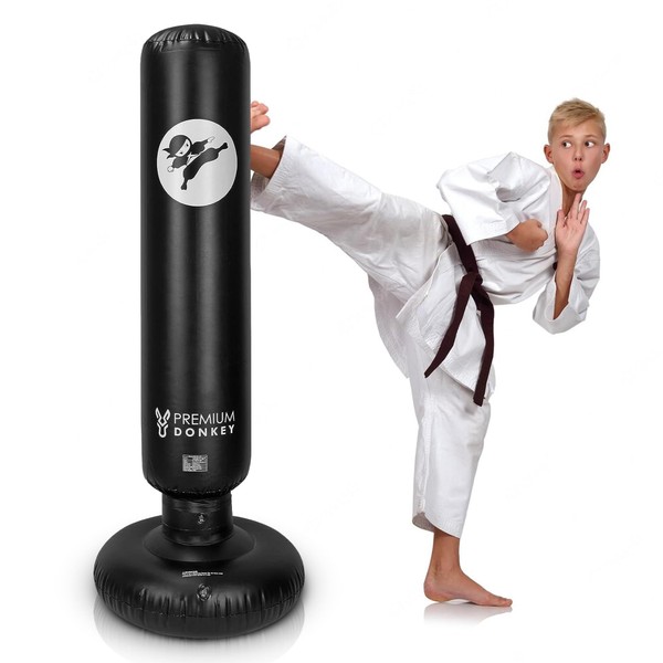 PremiumDonkey - Inflatable Punching Bag Kids, 63" Free-Standing Boxing Bag for Kids with Immediate Bounce-Back - Punching Bag to Help Relieve Stress, Improve Coordination, Black Boxing Bag