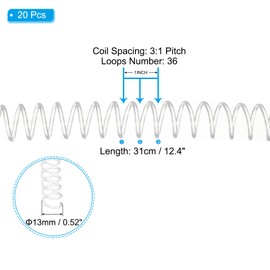 PATIKIL 13mm(1/2") Plastic Spiral Binding Coils, 20 Pcs Binding Spirals 105 Sheet Capacity 3:1 Pitch Binding Spirals for Binding Paper Sheets, Transparent