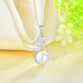 CARICY Pearl Necklace 925 Sterling Silver Infinity Butterfly Necklaces with 10mm Freshwater Cultured Pearls Jewelry Christmas Birthday