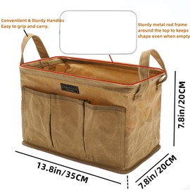 Heavy Duty 16oz Waxed Canvas Tool Bag, Rectangle Foldable Open Top Tool Bags with Handles,7 Pockets &13.8 x 7.8 x 7.8 Inches 3-Pack (Khaki)