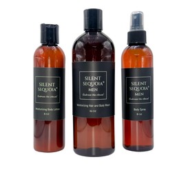 Silent Sequoia Skin Care Set For Men, Moisturizing Body Wash, Moisturizing Body Lotion, Fragrance Body Spray, 3 Piece Gift Set (16 oz, Patchouli Cedarwood)