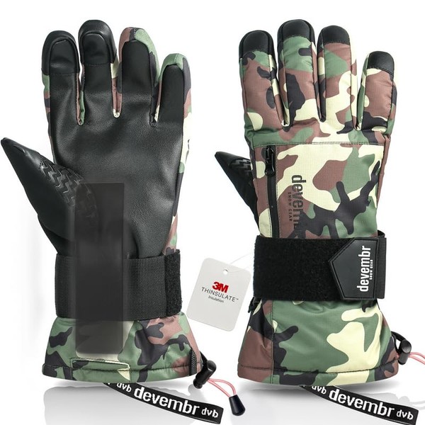 devembr Snowboarding Gloves with Wrist Guards, Ski Gloves Touchscreen, Camouflage,
