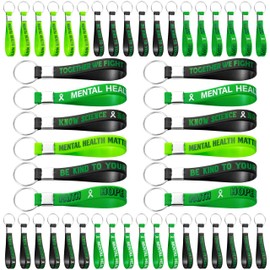 WATINC Awareness Silicone Keychains - 48Pcs Green Ribbons Awareness Stretch Keychain, Motivational Rubber Key Chain With Inspirational Messages Events Gift For Women Man (Mental Health)