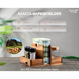 Decent Vrvege Napkin Holder, Napkin Holders with Built-in Salt Pepper Shakers Caddy, Acacia Wood Napkins Dispenser for Dining Table Countertop, Upright Paper Stand - Keep Your Kitchen Tidy & Organized