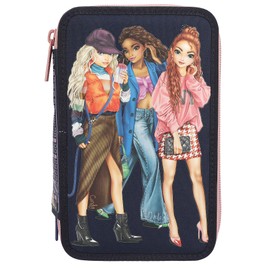 Depesche 12560 TOPModel City Girls Filled 3-Compartment Pencil Case Printed with a Skyline Motif, Pencil Case with Coloured Pencils, Ruler, Scissors and Much More