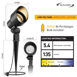 MALIBU 20W Landscape Lighting Outdoor Landscape Spotlights Low Voltage 12V AC Warm White Lighting 145Lumen Waterproof for Driveway Yard Lawn Patio Walls Trees 2Pack 8301-9604