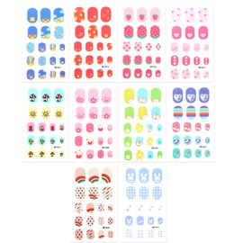 Ptwola Colorful Kid Nail Stickers 10 Sheets Full Nails False Nail Stick Self Adhesive Nails Strips Wraps Including Rainbow Cat Flower Strawberry Heart Sun Rabbit for Kid Decoration Gift