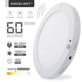 SINCELIGHT PIR LED Motion Sensor Ceiling Mounted Light Fixture, 18W Ultrathin Panel Shape, ON/Off Automatic, Dual Sensor Mode Switchable