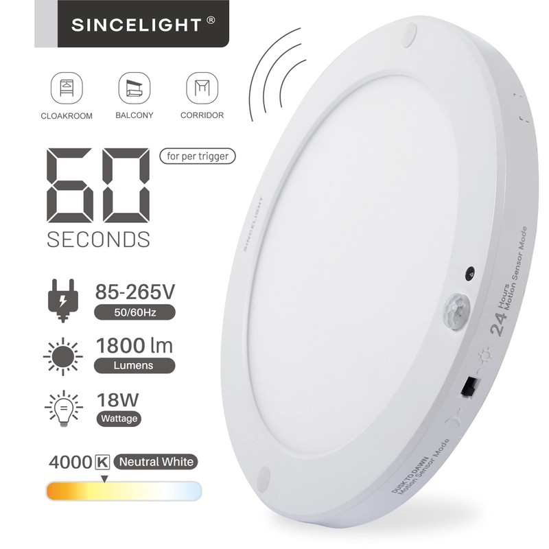 SINCELIGHT PIR LED Motion Sensor Ceiling Mounted Light Fixture, 18W