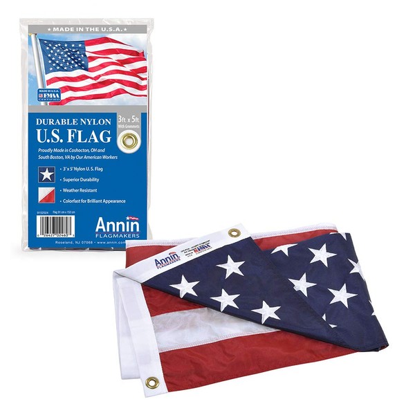 Annin Flagmakers Model 2460 American Flag All-Weather Nylon SolarGuard Nyl-Glo, 3 x 5 Feet