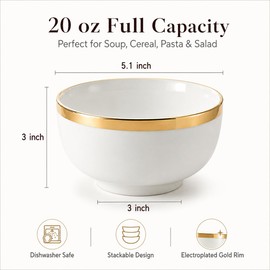 Loymokinar 20 oz Ceramic Bowls Set of 6 – Modern White Bowls with Gold Trim, Deep Soup & Cereal Bowls for Kitchen, Porcelain Pasta, Ramen, Salad, Oatmeal, Fruit Bowls – Dishwasher Safe