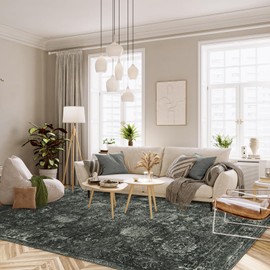 Seavish 8x10 Rugs for Living Room Black Vintage Distressed Accent Area Rug for Bedroom Low Pile Non Slip Kids Playroom Indoor Soft Carpet for Dining Room Home Office