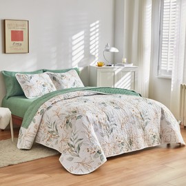 Joyreap 3 Pieces Microfiber Quilt Set, Botanical Green Leaves on White Reversible Design, Bedspread Bed Cover for All Season, 1 Quilt and 2 Pillow Shams (King, 102x90 inches)