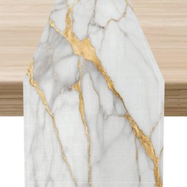Marble Table Runner, Modern Abstract Art White Grey Pattern Gold Fluid Table Center Decor for Home Kitchen Dining Party Indoor Outdoor Decoration 13x36 Inch.