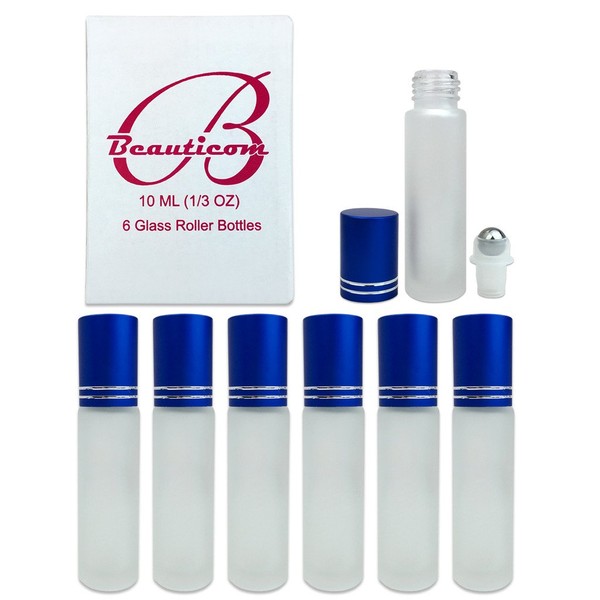 Beauticom® (Quantity: 6 Bottles, BLUE Color) Glass Roll on Bottle 10ml ~ 1/3 oz with Metal Cap, Stainless Steel Roll Balls for Essential Oil, Aromatherapy, Perfume, Lip Gloss, Lip Balm