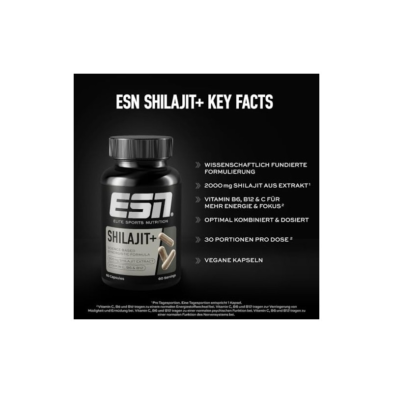 ESN Shilajit+, 60 Vegan Capsules, High Dose with 2000 mg