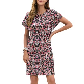 PLOKNRD Summer Dresses Women Casual T Shirt Dresses Short Sleevee Swing Flowy Ladies Beach Sundress with Pockets, Black Red Flower-2XL