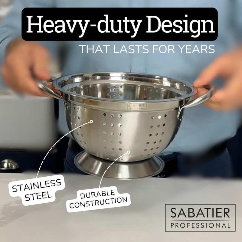 Sabatier Professional Stainless Steel Colander - Heavy-Duty, Durable & Dishwasher-Safe