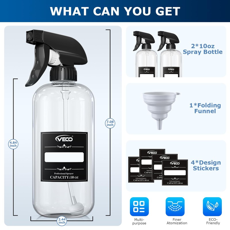 Veco 300mL (10oz) 360° Spray Bottles, 2-Pack — Adjustable Nozzle,