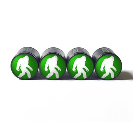 Bigfoot Sasquatch Walking (Green) Tire Valve Caps - Black Aluminum - Set of Four