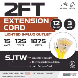 IRON FORGE CABLE Outdoor Extension Cord - 12/3 SJTW Heavy Duty Yellow 3 Prong Extension Cable W/ 3 Electrical Power Outlets - Great for Garden & Major Appliances (2ft - Yellow)