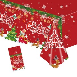 MORAINJAY Christmas Tablecloth,137x274cm Large Xmas Merry Chrismas Red Table Cloth,Rectangle Waterproof Plastic Party Table Cover for Christmas Party Dinner,Winter Holiday,Christmas Table Decorations