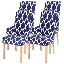 SearchI Dining Room Chair Covers Set of 4, Spandex Stretch Kitchen Chair Slipcovers Removable Washable Moroccan Geometric Parsons Chair Covers Protector for Dining Room, Hotel (Navy Blue)