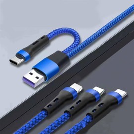 EVO Gimbals 48" Nylon Braided Multi Fast Charge Cable with USB and USB C Input and 3 in 1 Charging Options Type C/Lightning/Micro USB for Most Phones, Cameras, Tablets and Devices-(Blue)