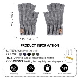 AYPOW Fingerless Gloves for Men and Women, Winter Thermal Knitted Gloves with Fleece Lining, Warm Half Finger Gloves, Driving, Work, Typing, Writing Gloves, Mittens, Unisex Gifts, lightgrey