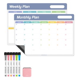 Loukin 17"x11.8" Dry Erase Calendar Set (Monthly+Weekly), Electrostatic Adsorption Whiteboard Planners, Reusable Schedule for Refrigerator, Clings to Any Shiny Surface, 6 Markers & 1 Eraser Included