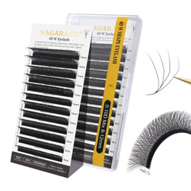 NAGARAKU 4D W Eyelash Extensions, W Shape Eyelash Extension, Self-Fanning Lash, Pre-Fanned Ready-to-Use Fan Weave with Long Handle, Premade Fans Volume Cluster, Matte Black (0.10 mm, D Curl, 8-12 mm)